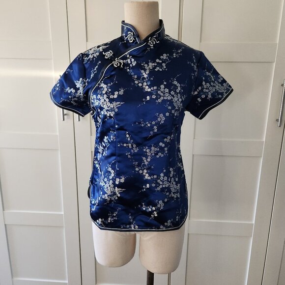 Chinese Silk Brocade Dark Blue White Cherry Blossom Cheongsam Blouse Size Large - Picture 1 of 5